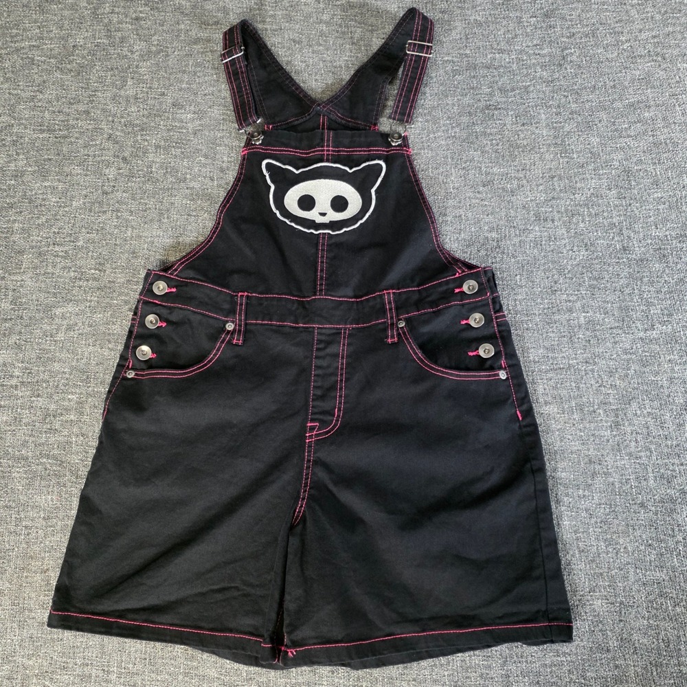 Skelanimals Kit Cat Shortalls Womens M Black Pink Goth Emo Hot Topic Overalls